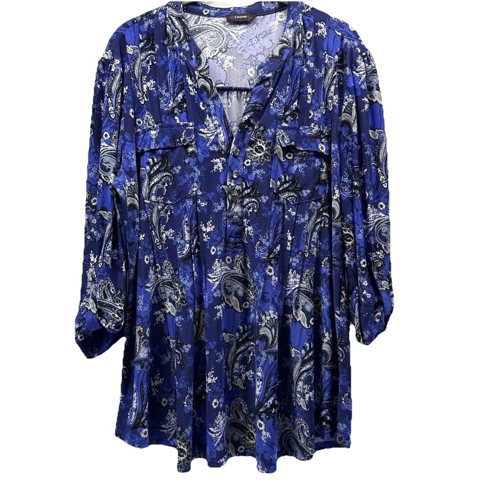 Cocomo Women's Popover Top Size Medium Black Blue Paisley Slinky Roll Tab Sleeve